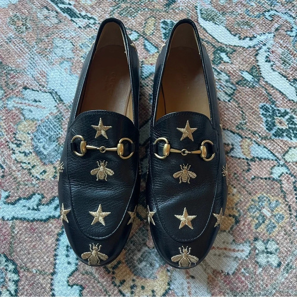 Gucci Jordan Horsebit Black Gold Bee Star Embroidered Loafers